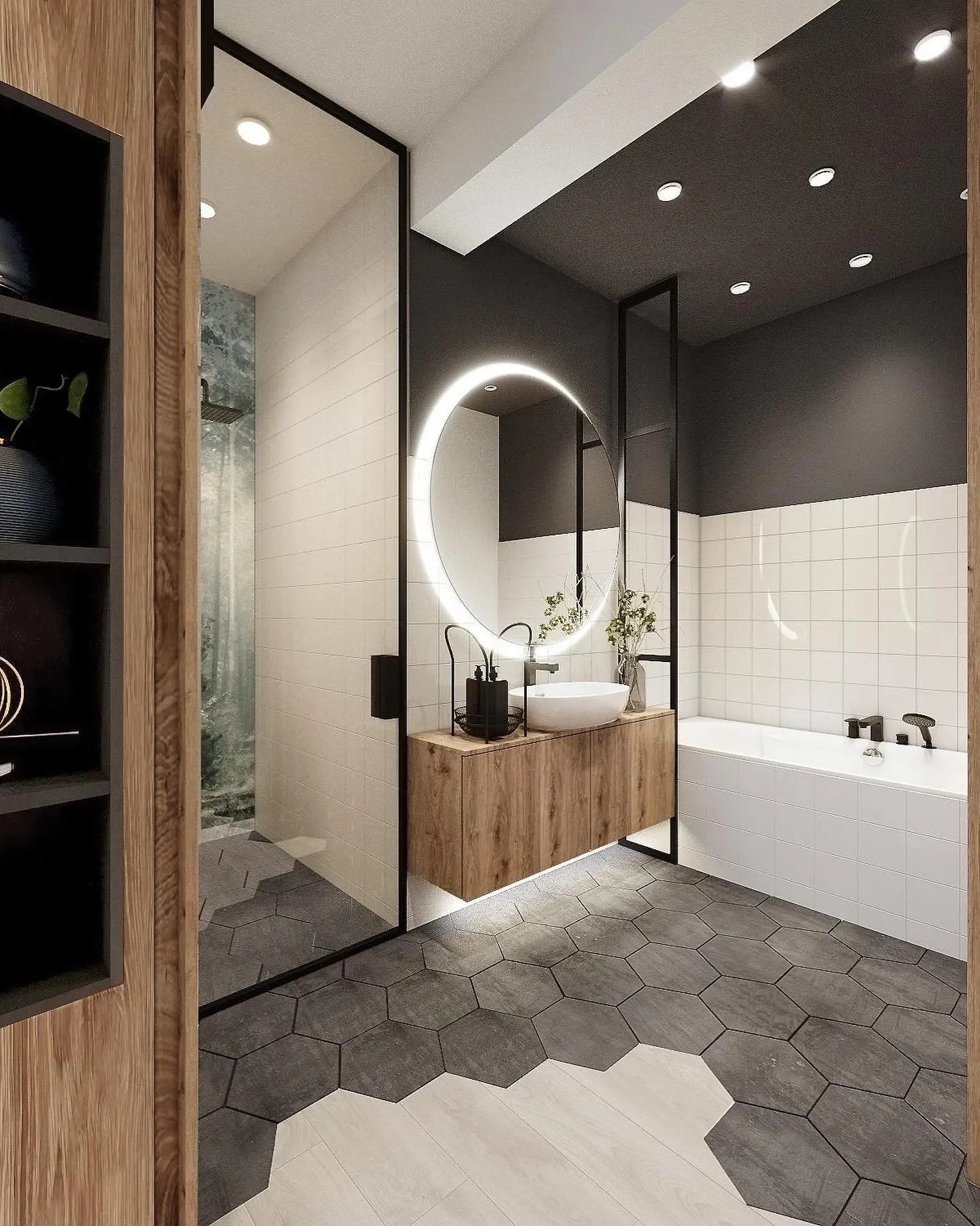 Navrh koupelny s ocelovymi a prvky dreva